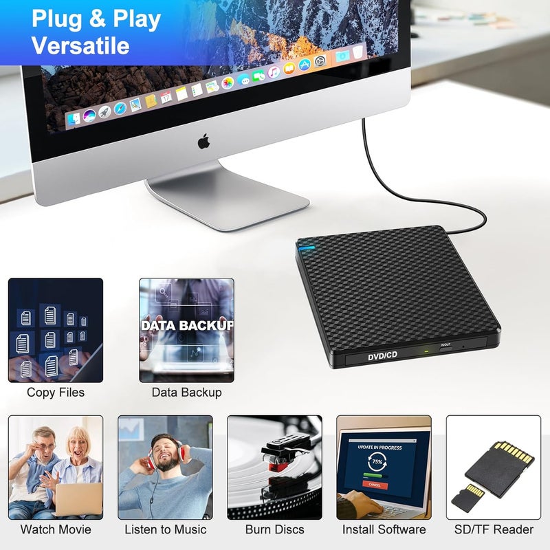 Guamar External CD DVD Drive: USB-C CD Burner Portable DVD Player Disc Reader for Laptop PC MacBook Mac Windows 11/10 with SD/TF Slot/2 USB Ports Plug & Play (Black) - Image 3